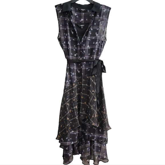 Navy Blue & Black Plaid Midi Ruffle High Low Butterfly Peter Pan Collar Size Med - Picture 1 of 13